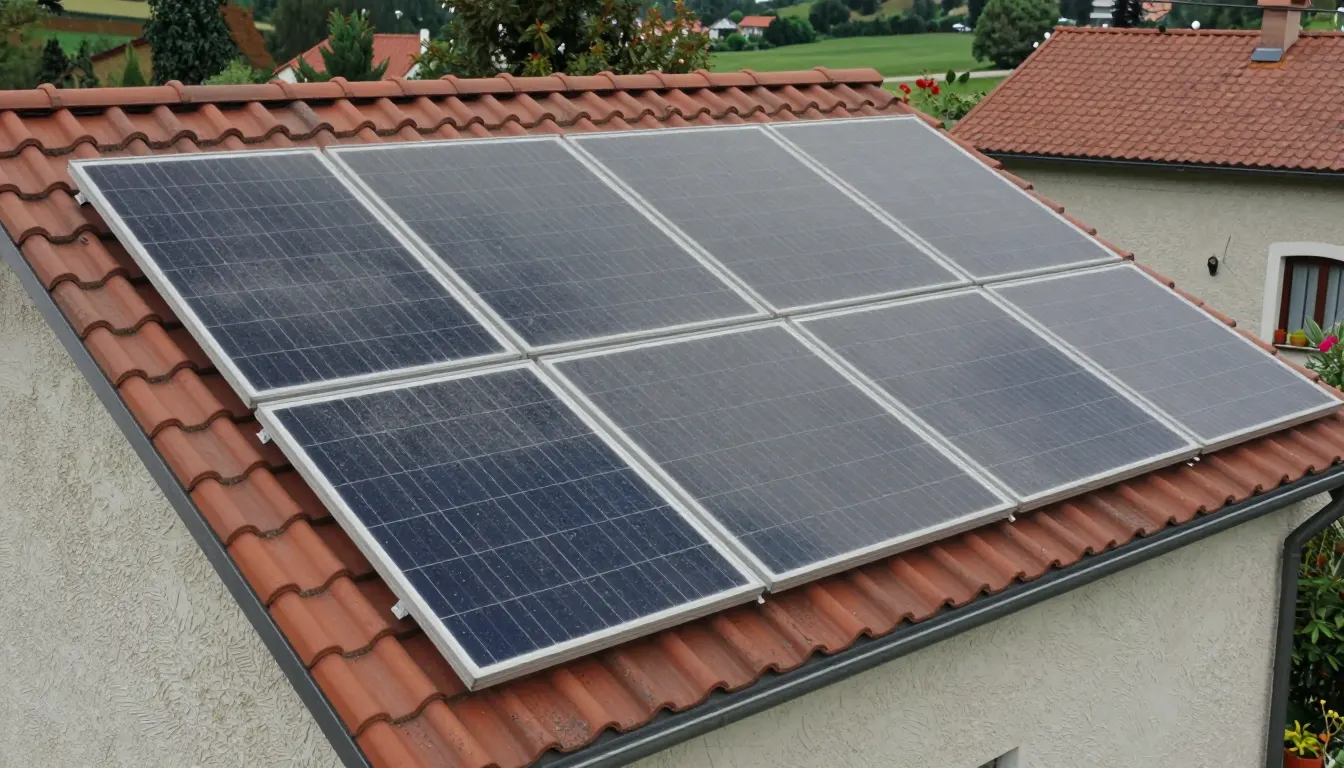 Panneaux solaires posés sur une toiture en tuiles, voilés de poussière.